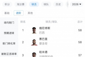 世界杯冲刺次数排名：维尼修斯和赛巴里并列第一，均为58次，萨内以52次位列第五