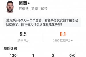 梅西全场表现抢眼：评分9.5分，射正、传中、过人和对抗均为全场最高