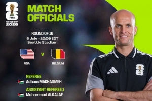 世界杯1/8决赛美国对阵比利时，裁判组由约旦裁判马哈德迈主裁