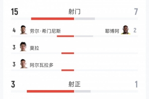 墨西哥2-0胜厄瓜多尔全场数据:射门15次对7次,射正3次对1次,红牌0次对1次