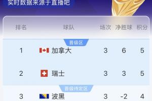B组半场实时积分排名：加拿大领跑，瑞士紧随其后，波黑以4分位居第三，卡塔尔排名最后